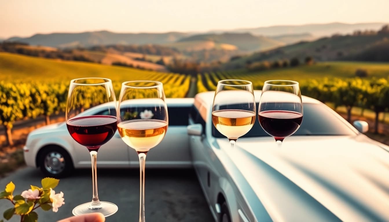 Experience a premium winery limo service with a luxurious vehicle parked amid scenic vineyards.
