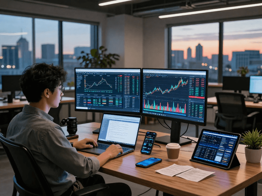 Dynamic workspace featuring a developer analyzing global commodity index API data through real-time graphs and financial metrics, showcasing a modern tech environment.