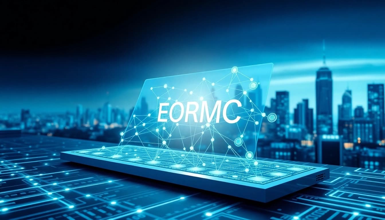EORMC blockchain interface featuring interconnected nodes and advanced AI technology.