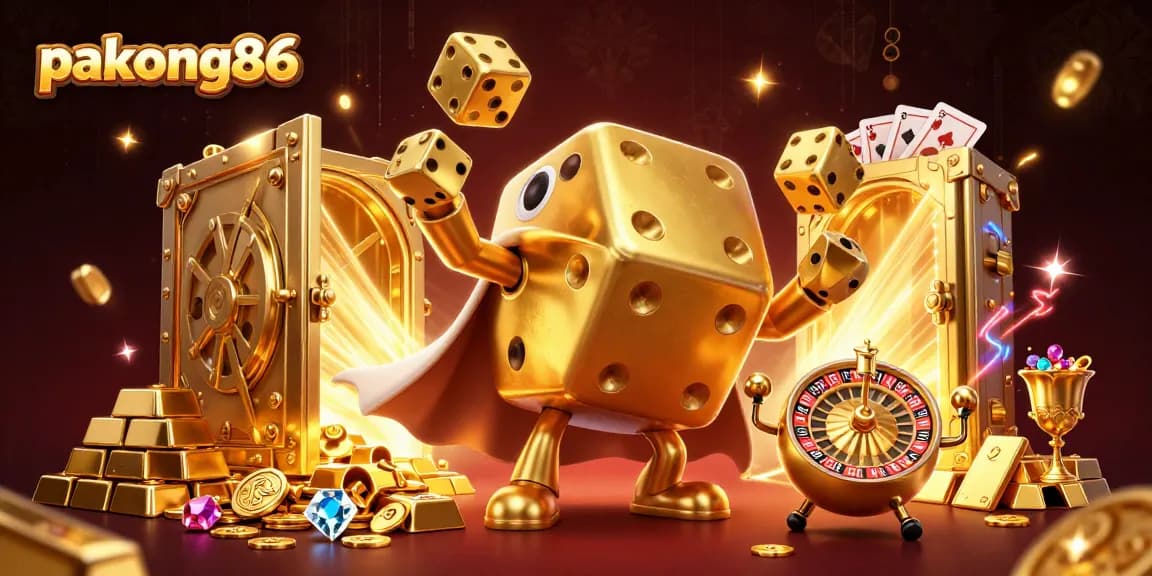 Pakong86 showcases thrilling dice and card action in a vibrant casino scene filled with riches.