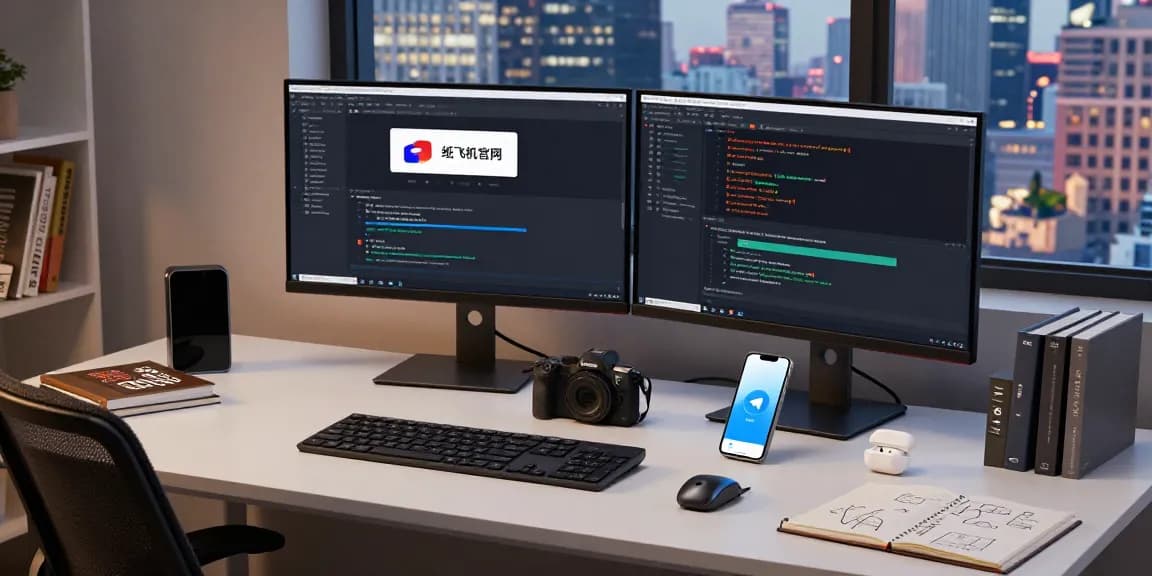Interactive tech workspace for developing 纸飞机官网 features, showcasing coding and digital communication tools in a modern environment.