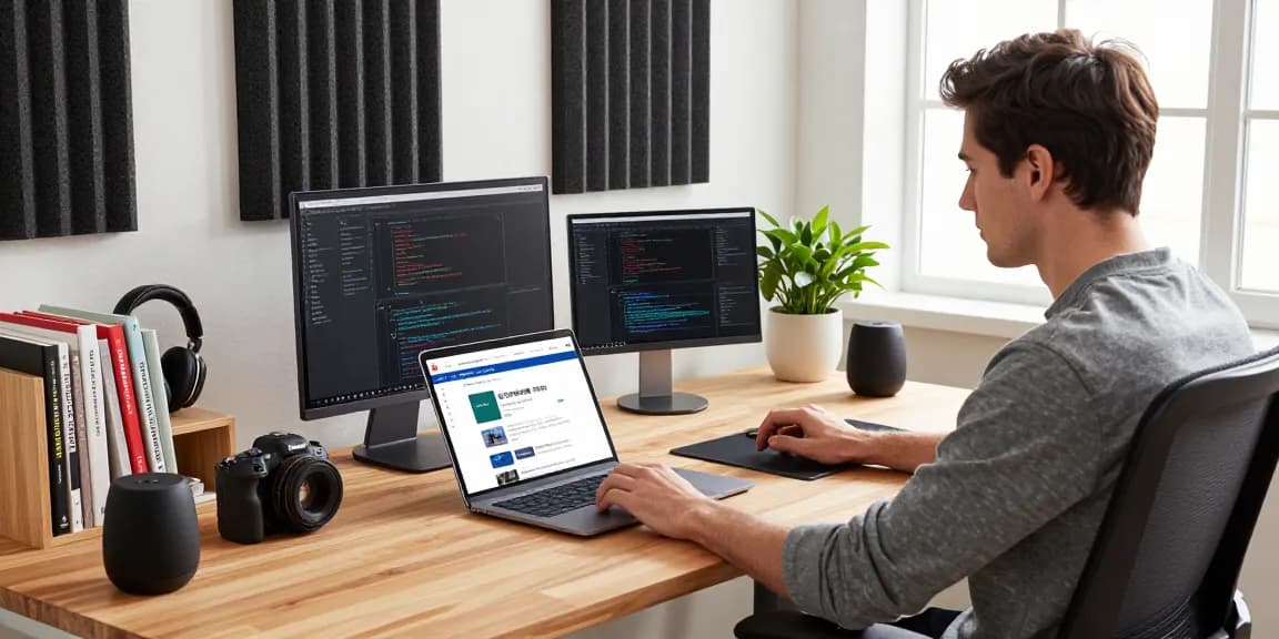 Engaging professional using 纸飞机中文版官网 on a multi-device setup in a vibrant tech workspace