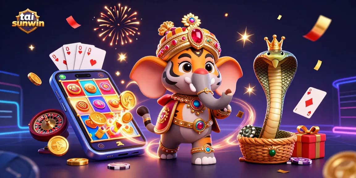 Experience thrilling gaming action at tai sunwin with vibrant illustrative artwork showcasing slot games and lavish casino elements.