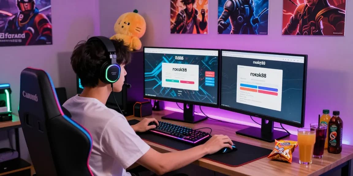 Engaged gamer using rokok88 link login in a vibrant gaming setup with dual screens and RGB lighting.