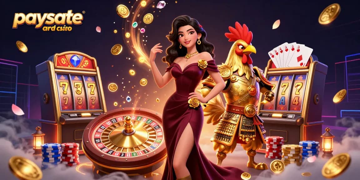 Erleben Sie aufregende Gewinne in einem Paysafe Card Casino mit einer glamourösen Dame und einem goldenen Krieger inmitten dynamischer Casino-Visuals.