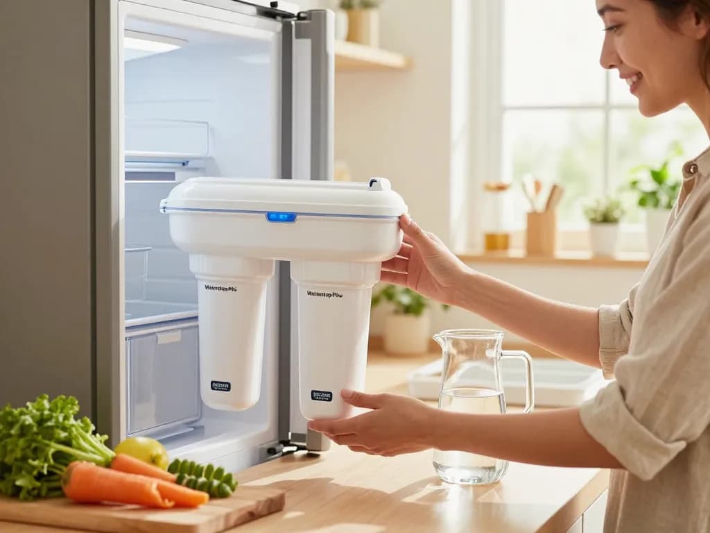 Person installing Waterdrop Plus UKF7003 Replacement for Maytag® UKF7003 in modern kitchen, showcasing easy use and clean water benefits.