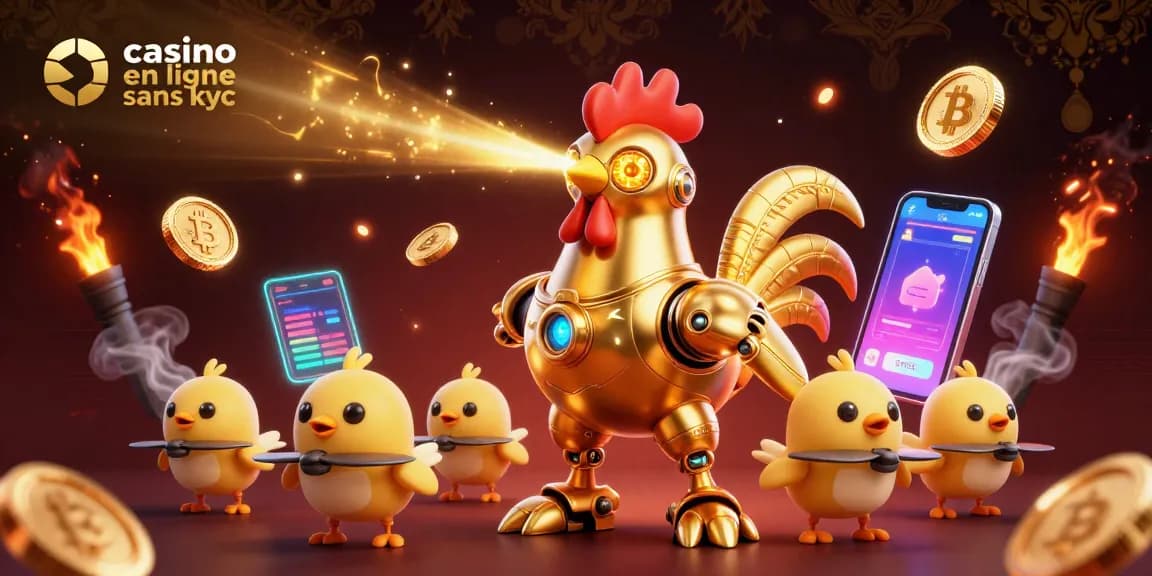 Jouer dans un casino en ligne sans KYC avec des personnages futuristes et des pièces de crypto en arrière-plan.