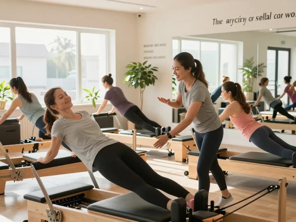 明るいスタジオで友好的なインストラクターと参加者が活気あるピラティスクラスを楽しむZen Place Pilates 口コミ