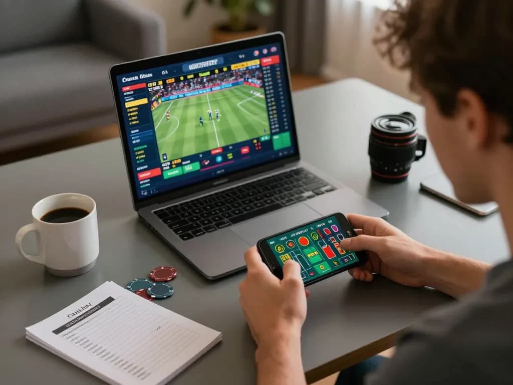 Player engaging in ax88 bet for live sports betting action from modern home office with smartphone and strategy notes.