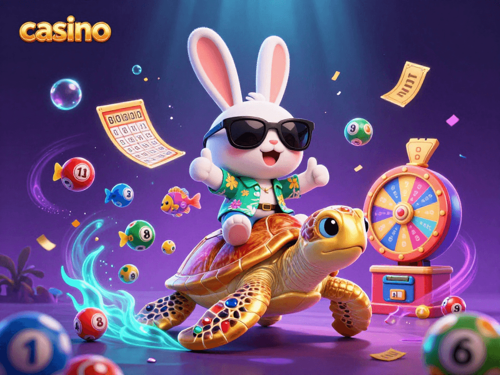 Cheerful casino scene with lucky rabbit and golden turtle amidst vibrant games and glowing effects.