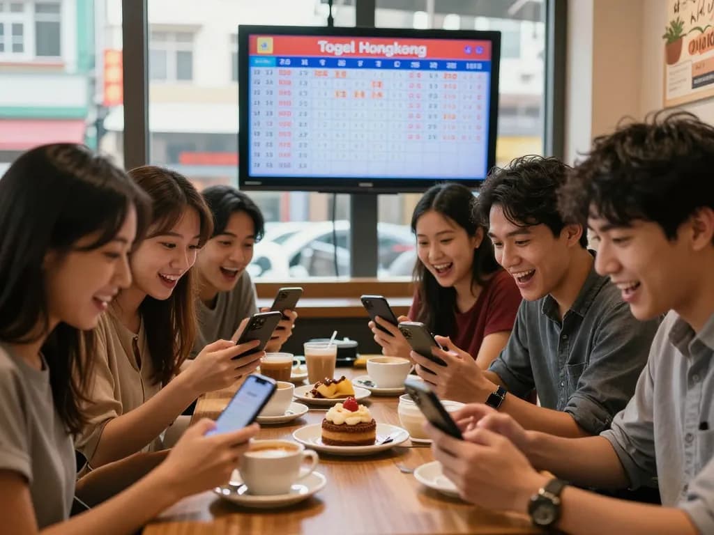 Friends celebrating Togel Hongkong lottery results at a café, engaging with HK numbers.