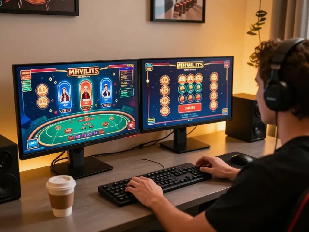 Player engaging with exciting 789win trang chu on dual monitors for online casino gaming.