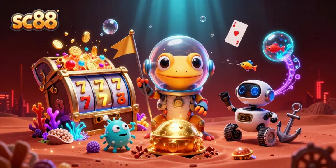 sc88 Martian gecko finds a buried casino amid the vibrant slot reels and treasures.