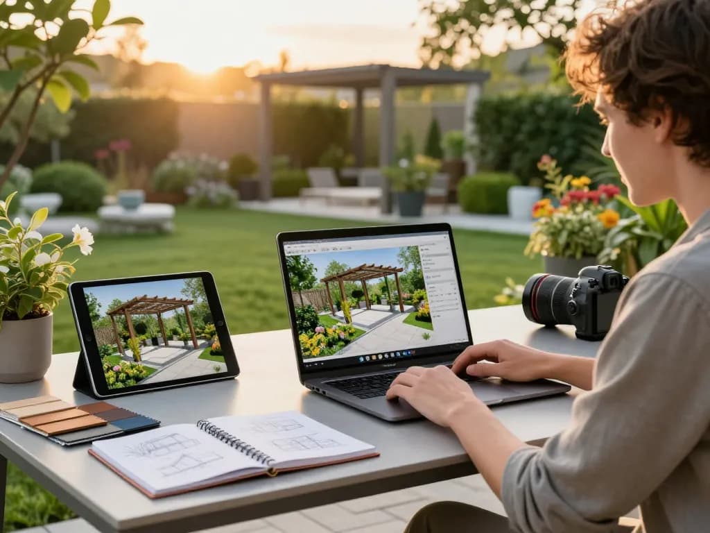 Designer using Pergola Configurator Software outdoors, showcasing 3D design options for custom pergolas.
