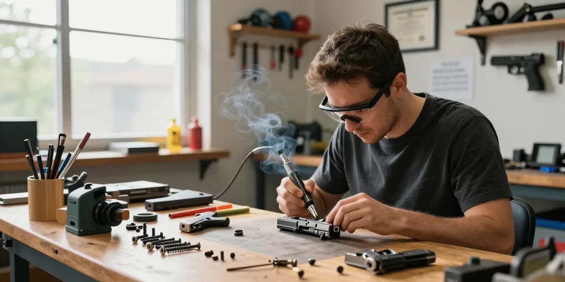 Custom gunsmith working on Glock slides at https://precisionglockslides.com in a bright workshop.