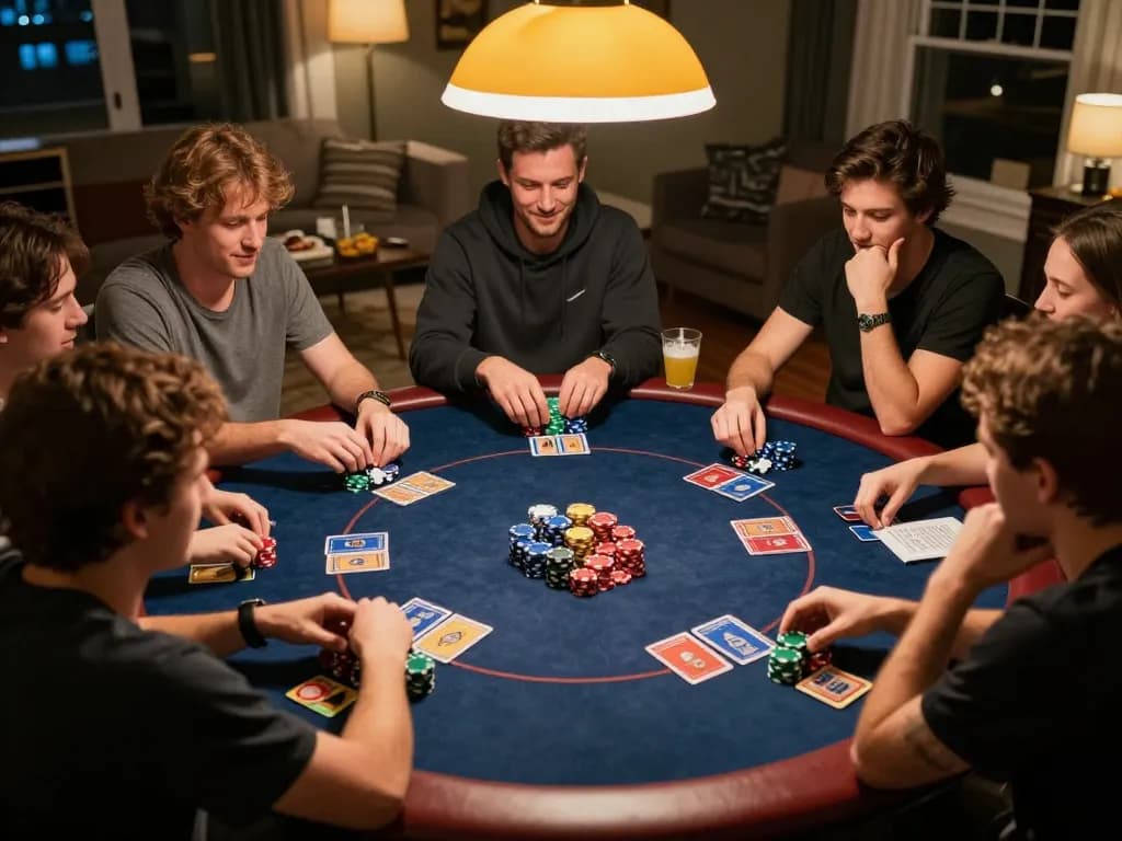 Engaged players enjoying a home poker night while learning strategies for 888new bet games.