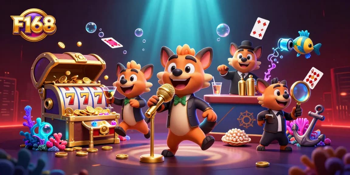 Experience the vibrant F168 comedy casino with hyenas in a dynamic underwater scene filled with treasures.