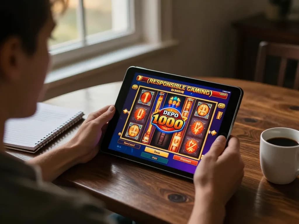 Engaged player utilizing slot depo 1000 feature on tablet during online gaming.