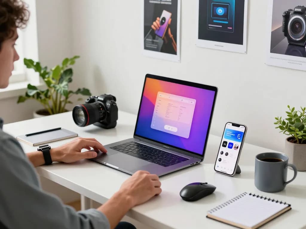 Exploring innovative tech gadgets in a modern workspace with Bluetooth devices and vibrant workflow.