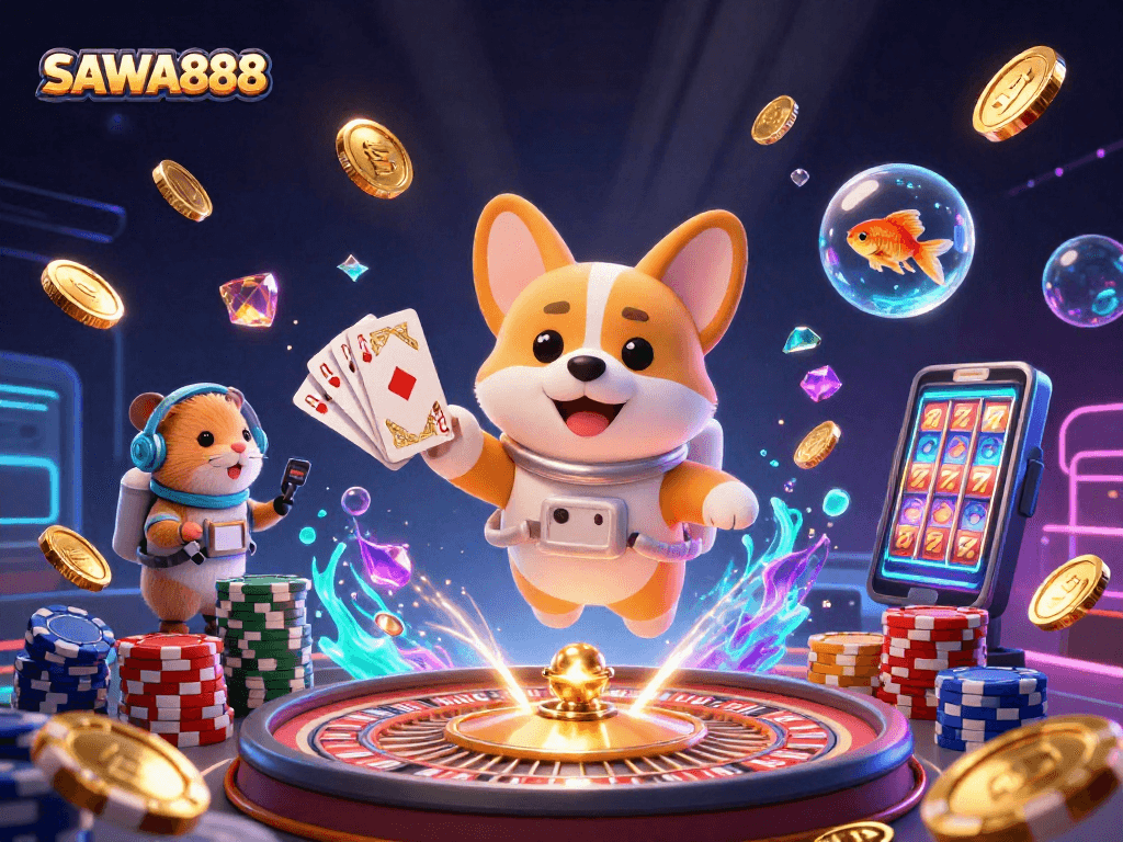 SAWA888 showcases an exciting 3D casino adventure with vibrant characters and gaming elements.