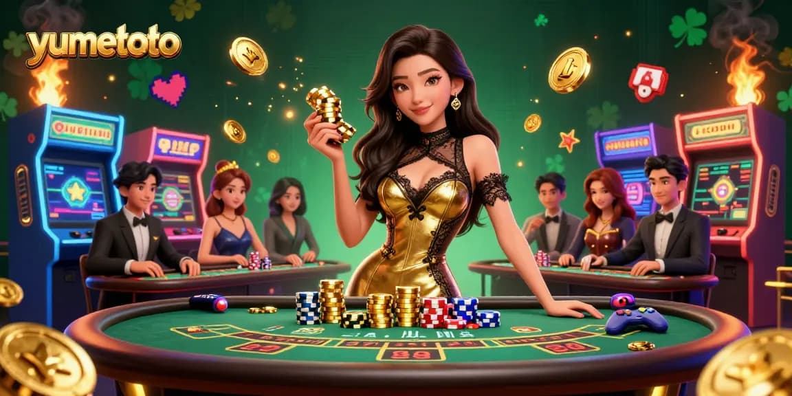 Experience thrilling baccarat gameplay at yumetoto, featuring glamorous players and vibrant casino elements.
