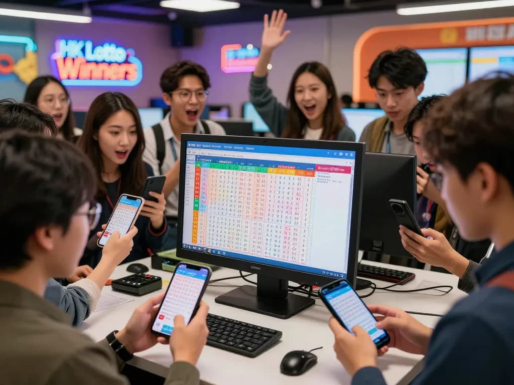 Players celebrating HK Lotto results in a lively digital lottery hub.