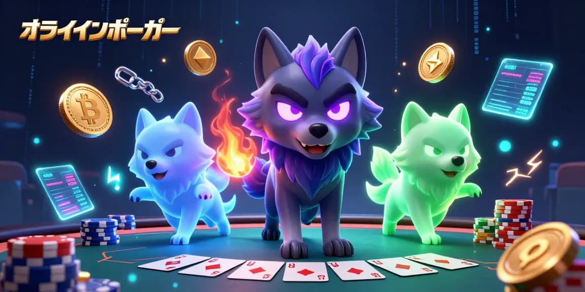 オンラインポーカーで勝利を目指し、ポーカーテーブルやチップ、手役が並ぶ迫力のあるシーン