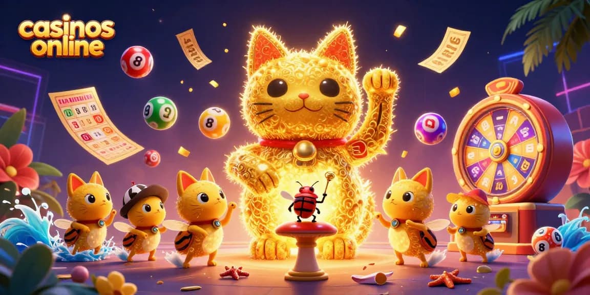 Los mejores casinos online impresionan con un gato de la suerte y símbolos de juego vibrantes.