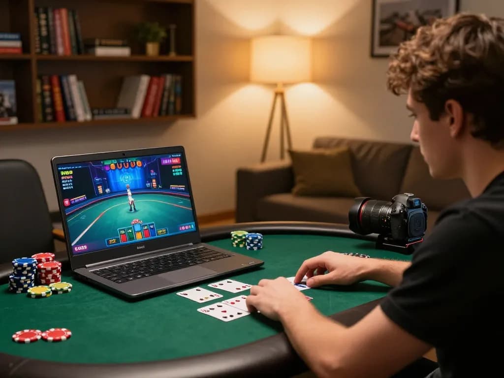 Player engaging with poker on uu88 in modern home setting with ambient lighting and gambling strategy books