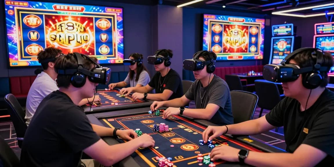 Playbook88 players enjoying high RTP slot games in an immersive digital gaming lounge.