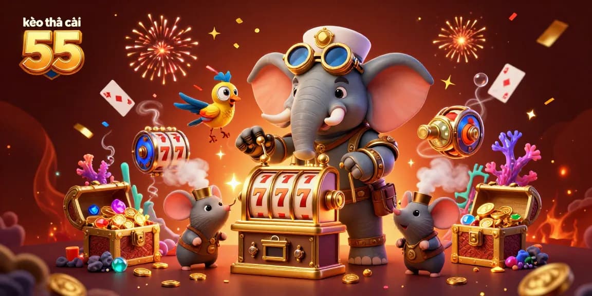 Engage with kèo nhà cái 55 while enjoying exciting slot machine action in a dynamic casino scene.