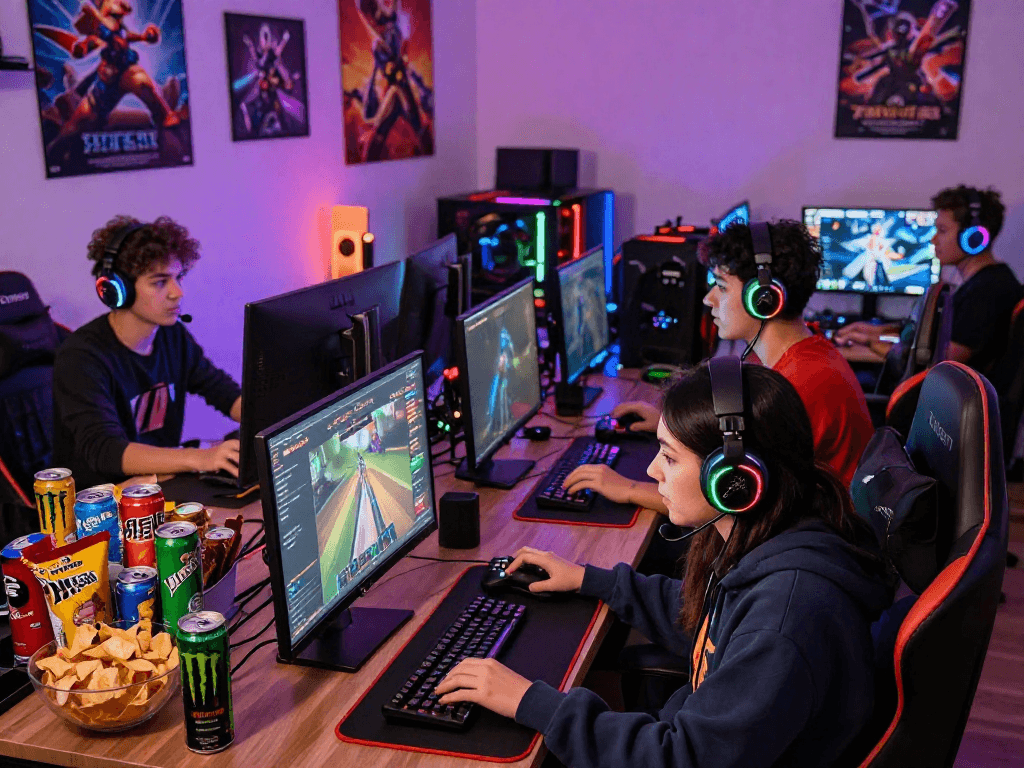 Engaged friends enjoying rokok88 gaming night with consoles, snacks, and vibrant lighting.