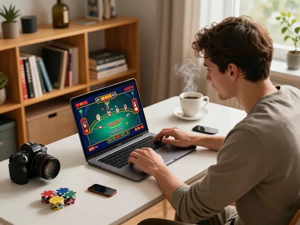 Player enjoying an online casino game on laptop at home, showcasing onbet's interactive experience.