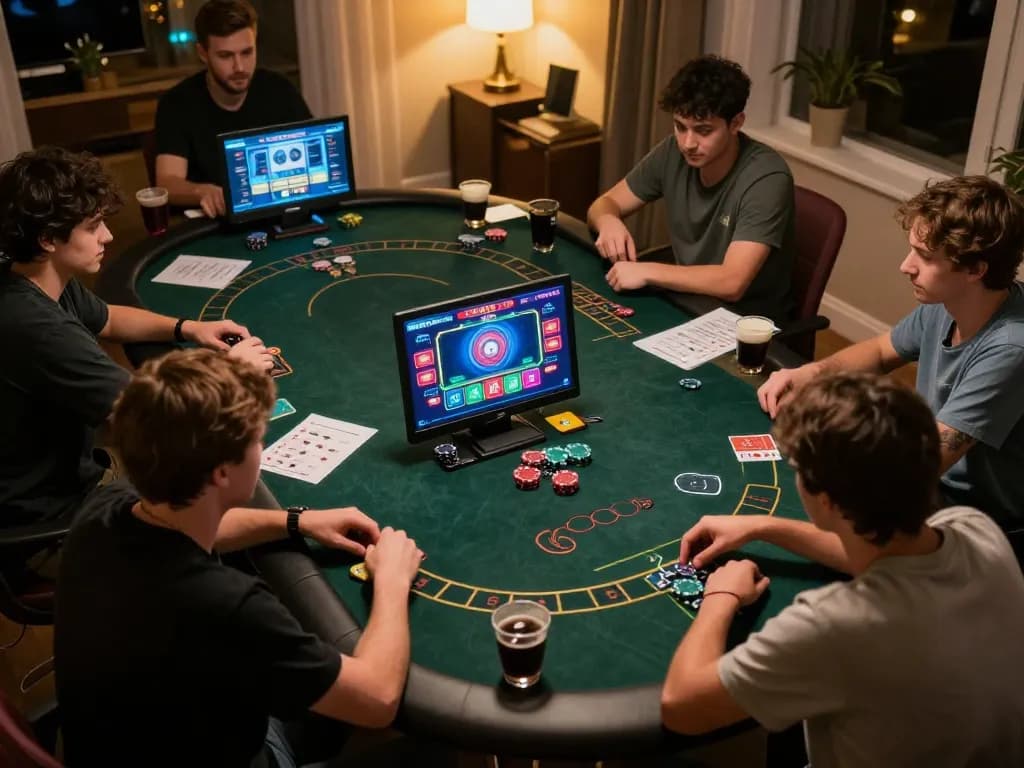 Players engaged in intense online poker gaming, exploring 包网 options on their devices in a cozy home setup