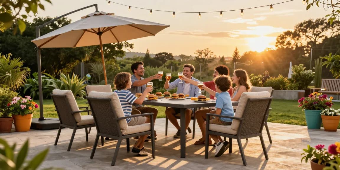 Family gathered around a stylish outdoor dining set showcasing affordable patio furniture during sunset.