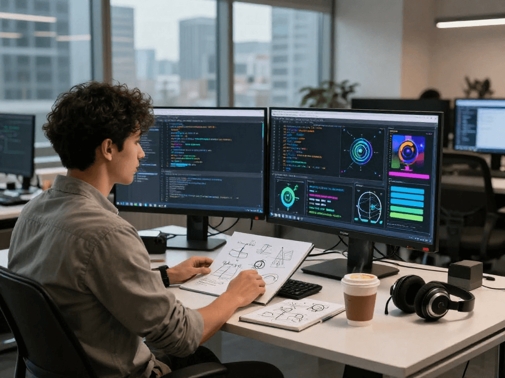 Detect AI image through advanced tech workspace, showcasing a data analyst working with multiple screens and vibrant visuals.