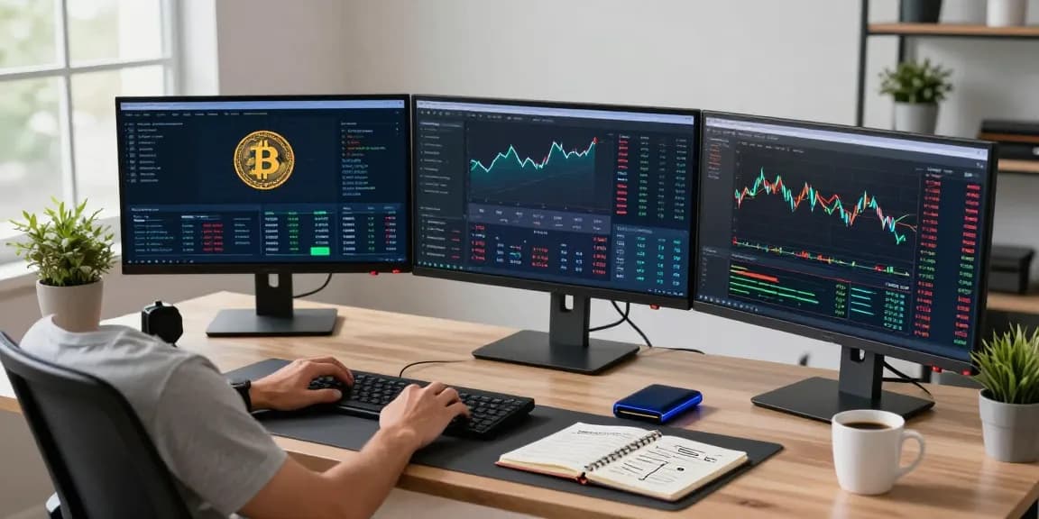 Bitcoin mining service workspace displaying cryptocurrency investments and trading analytics in a modern office setup.
