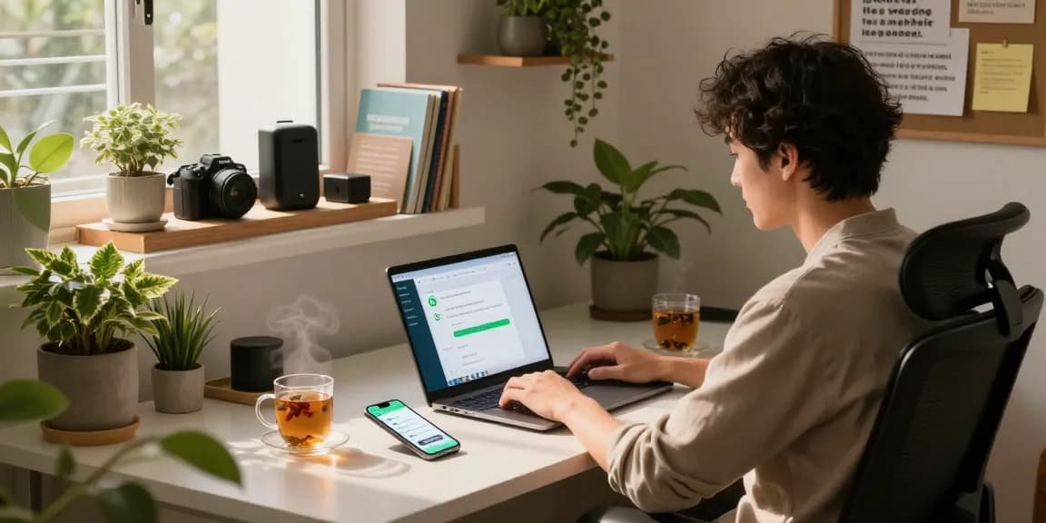 Engaged professional using WhatsApp網頁版 on a laptop in a cozy home office.