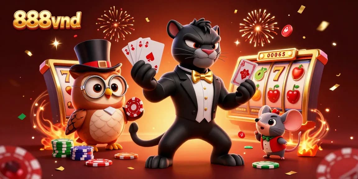 Engage with thrilling slots at 888vnd, as a panther deals cards amid festive decorations and lucky symbols.