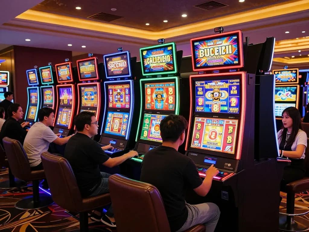 Slot gacor excitement captured in a busy casino environment with players engaging with vibrant slot machines.