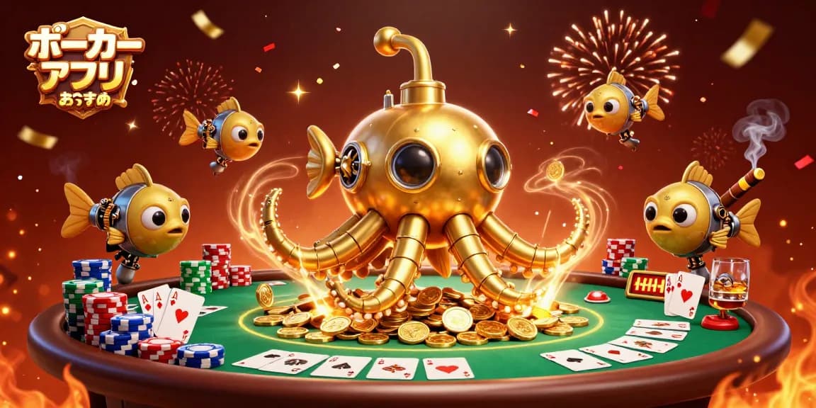 ポーカーアプリおすすめで、黄金のクラーケン潜水艦とメカニカルフィッシュが共演するシーン