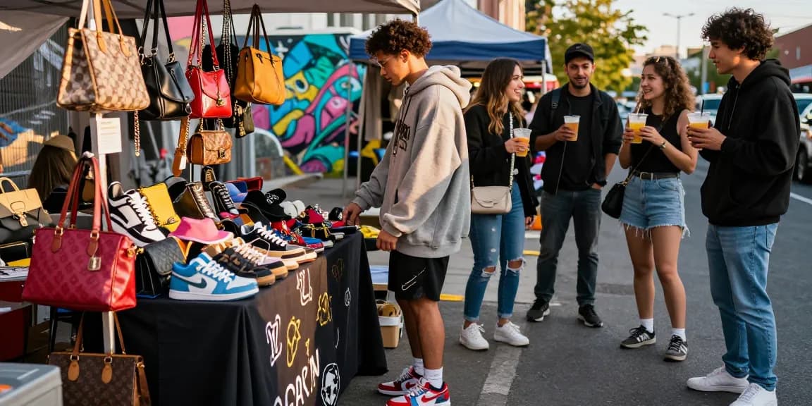 Shopping for high-quality 레플리카 accessories at a trendy outdoor market.