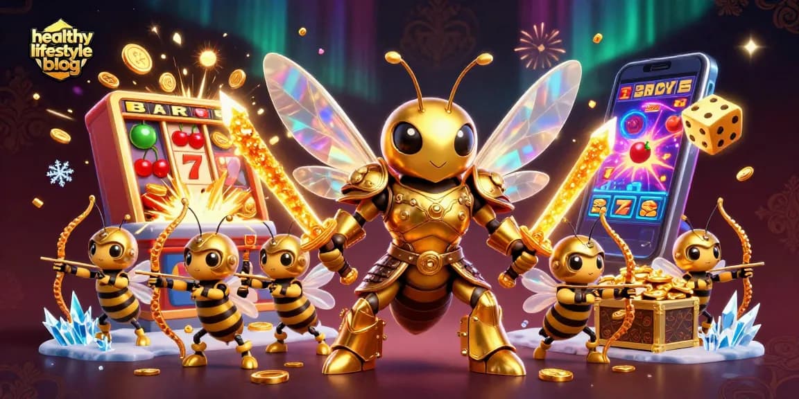 A captivating 3D scene from a healthy lifestyle blog featuring a giant golden hornet and bee archers in action amidst vibrant slot machine symbols, dazzling jackpot effects, and dynamic casino element