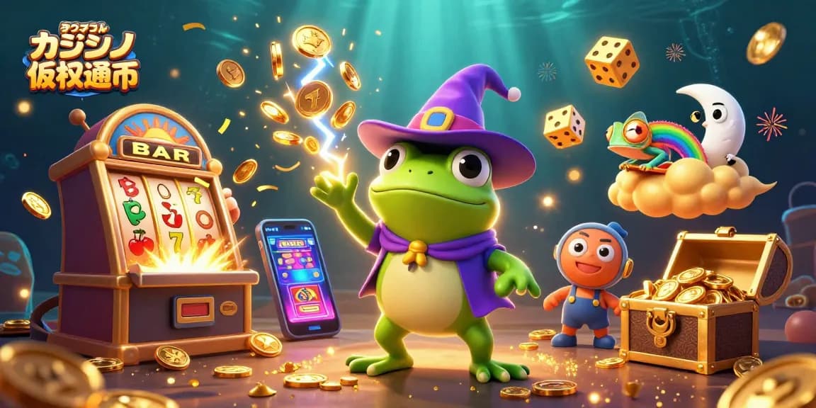 オンラインカジノ仮想通貨の魅力を描いた豪華な3Dイラスト、スロットマシンとコインで満たされたシーン