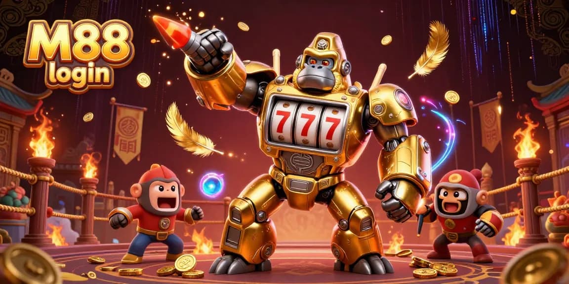 M88 login action featuring a golden gorilla mech with slot machine parts surrounded by dynamic gambling elements.