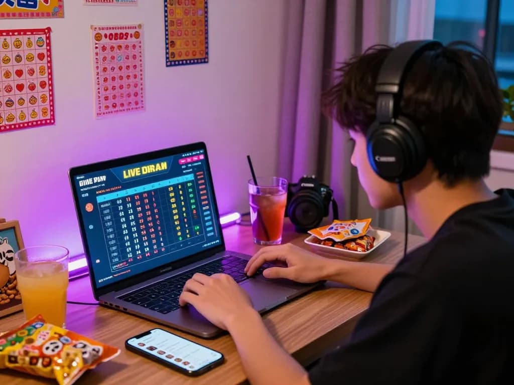Exciting online gaming environment showcasing HK lottery results on laptop with colorful decor and snacks.