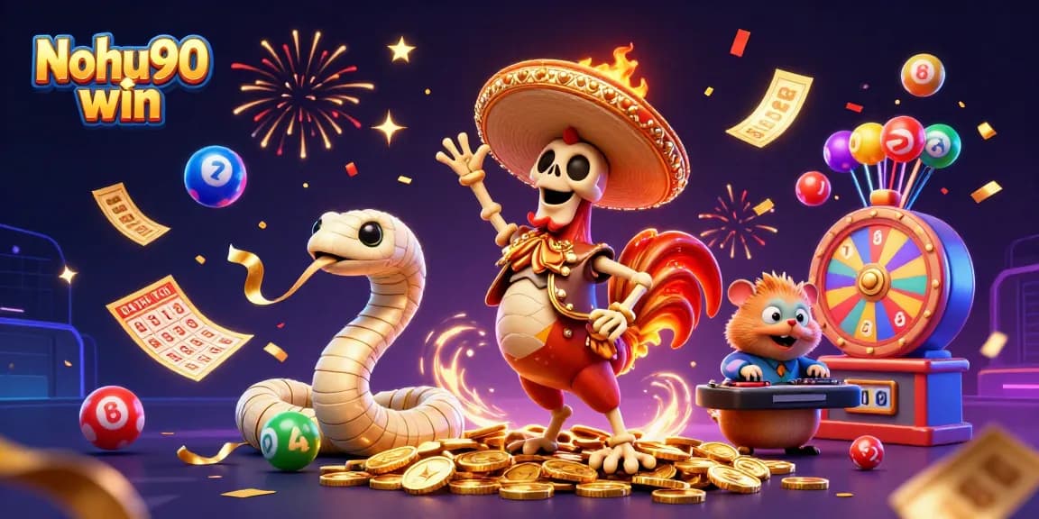 Nohu90 win showcases a vibrant scene with a dancing rooster and gold coins raining, capturing the thrill of online gambling.