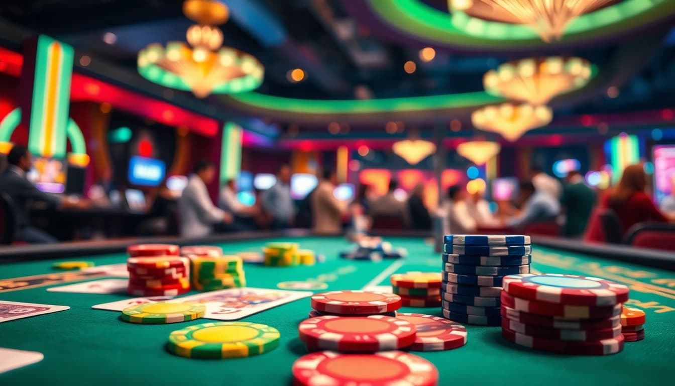 Players enjoying a game at a Non gamstop Casino Uk, with vibrant chips and cards in action.