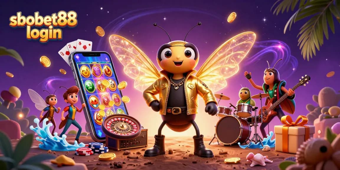 Engage with the sbobet88 login experience featuring vibrant casino elements like slot games and poker chips.