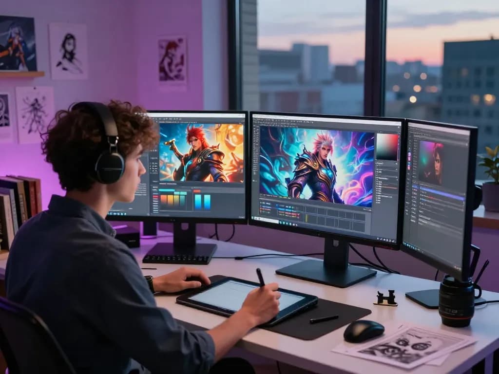 Creative professional generating NSFW AI art in a vibrant digital studio.